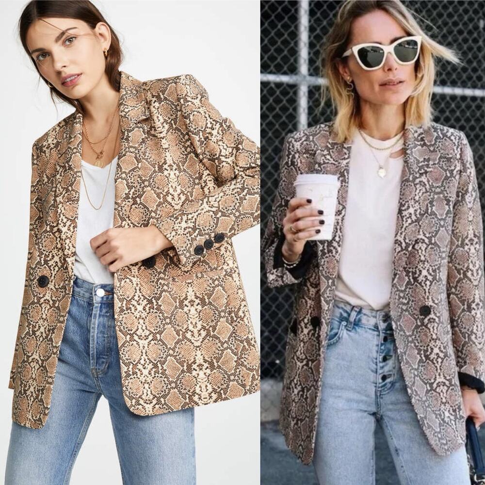 Anine Bing Madeline Python Print Oversized Double Breasted Blazer Tan/Brown XS